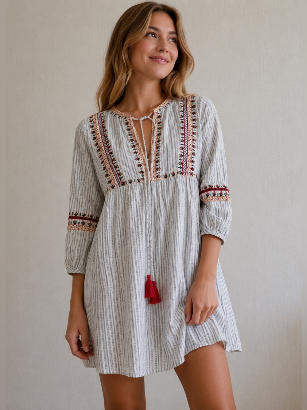 ZARA Boho Tassel Embroidered Tunic Mini Dress Size Medium